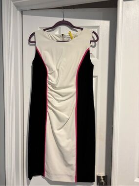 Calvin Klein White and Black Sheath Dress with Pink Piping